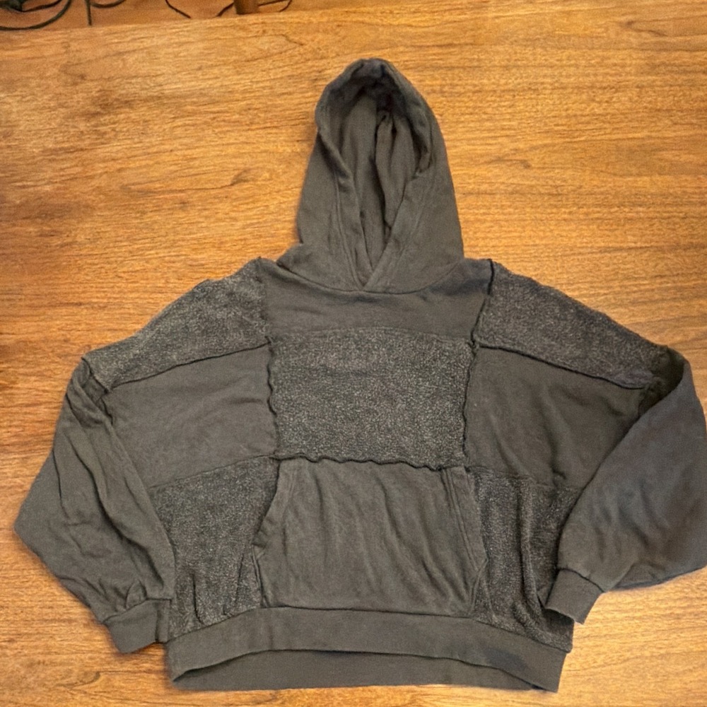 Aerie Patchwork Oversized Gray Hoodie S Boho Outside Boxy Cropped Active Granola